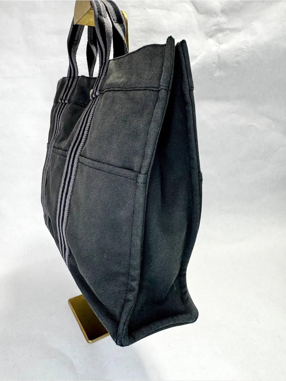 Hermès Fourre Tout MM Black Canvas Tote Gray Stripe